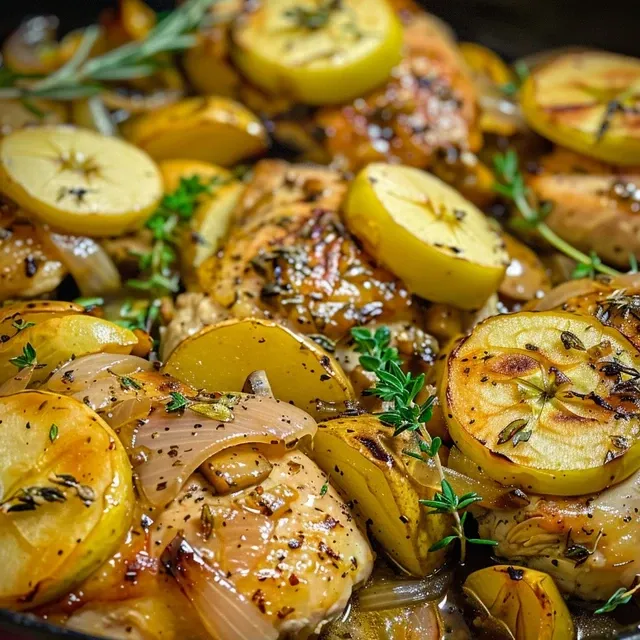 Detailed view of a hearty Autumn Harvest Chicken Skillet, emphasizing the vibrant apples and golden chicken.