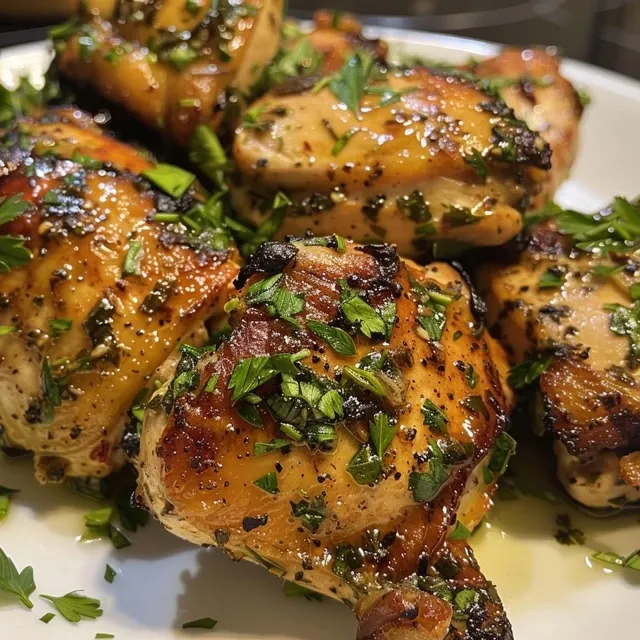 Succulent Spring Garlic Herb Chicken plated with a mix of fresh herbs and colorful veggies.