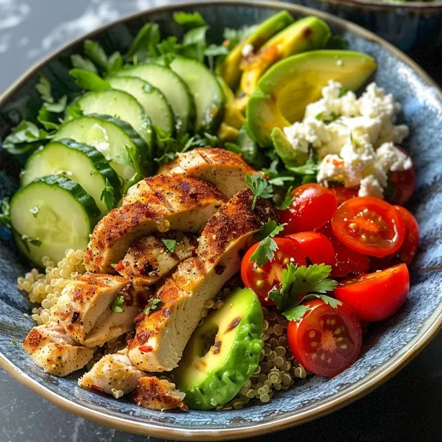 A hearty chicken quinoa bowl filled with wholesome ingredients, looking appetizing.