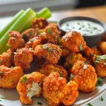 Delicious golden-brown buffalo cauliflower bites ready to be served with dipping sauce.
