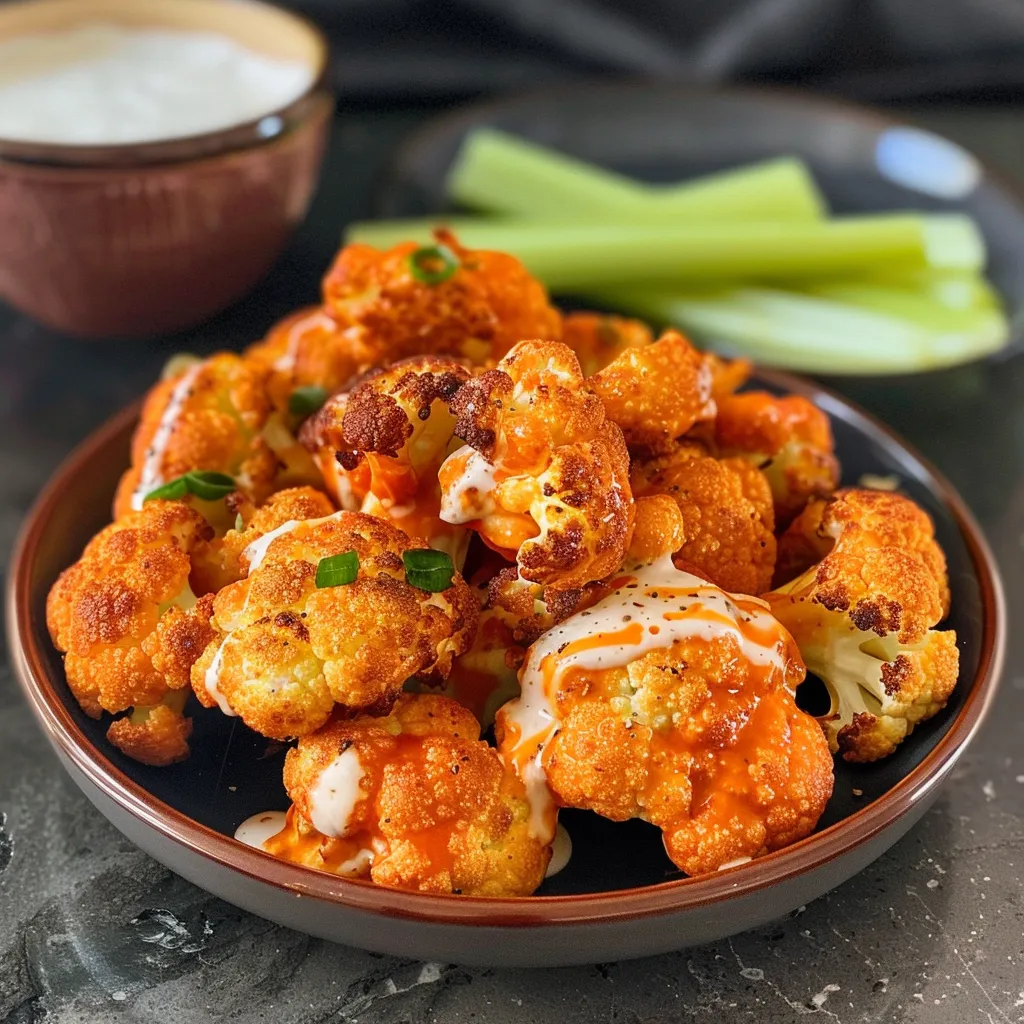 Air-fried cauliflower pieces coated in buffalo sauce beside fresh celery.