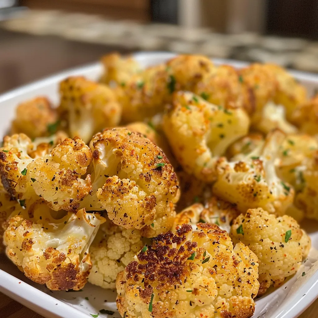 Side view of freshly made Air Fryer Cauliflower Bites, highlighting their flavor and texture.
