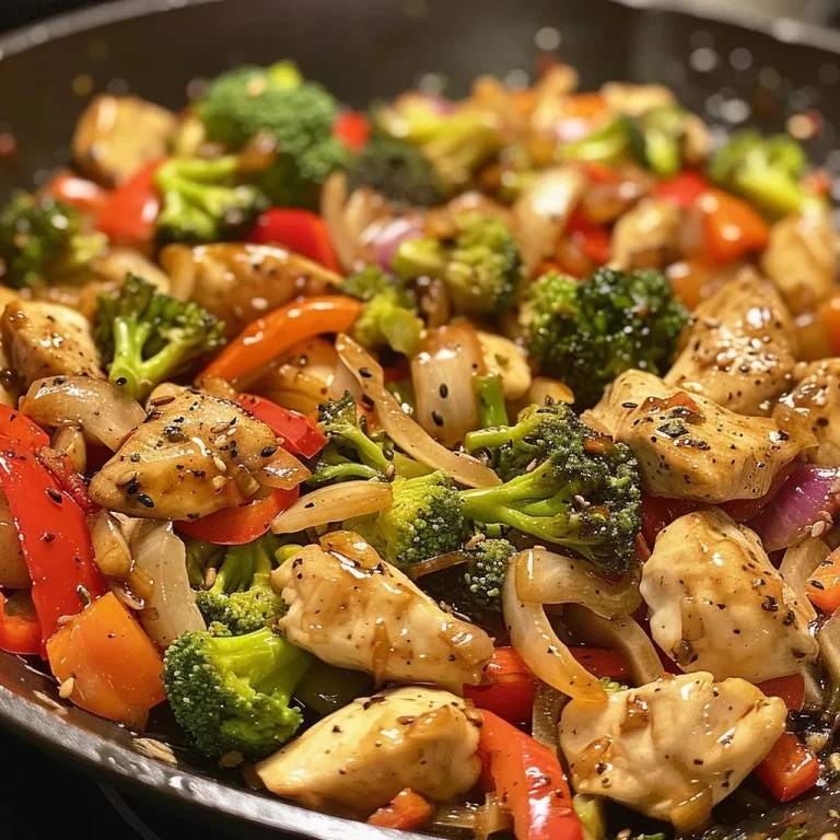 A delicious chicken skillet dish featuring red bell pepper and broccoli.