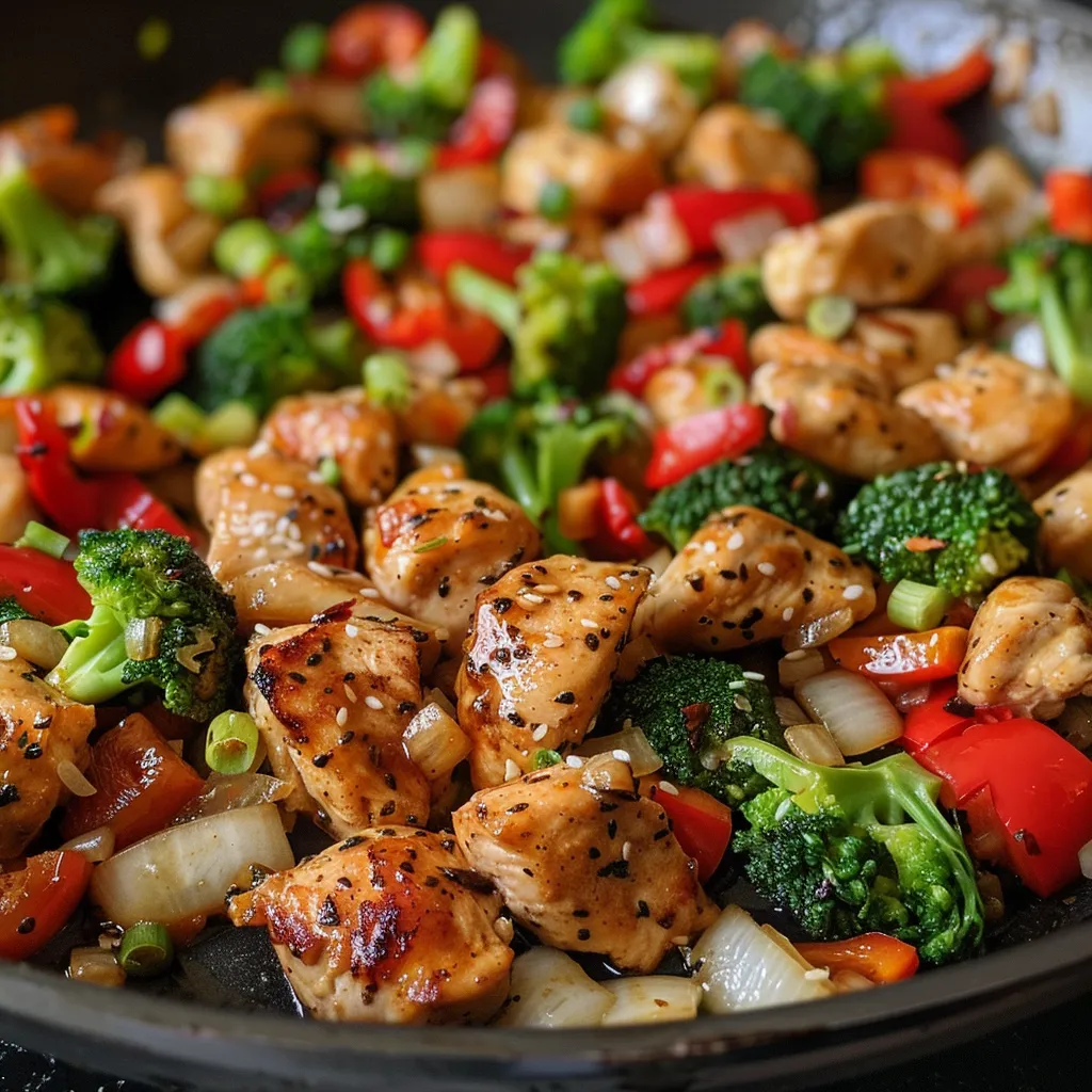 Side view of a hearty Chicken Skillet filled with fresh ingredients.
