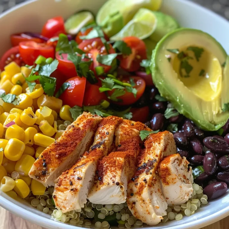 Journey to Flavor: The Avocado Chicken Quinoa Bowl That Transforms Your Dinner Table Detailed view of a colorful quinoa bowl with sliced avocado, corn, and red onion.