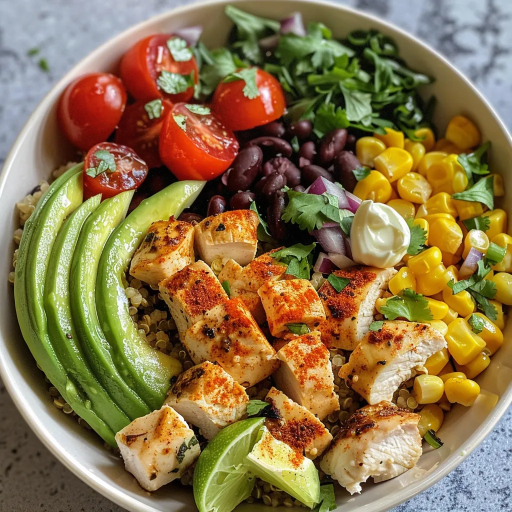 Side view of an avocado chicken quinoa bowl showcasing its fresh ingredients and creamy dressing.