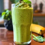 A vibrant avocado smoothie with ingredients visible on the side, presented in a modern glass.