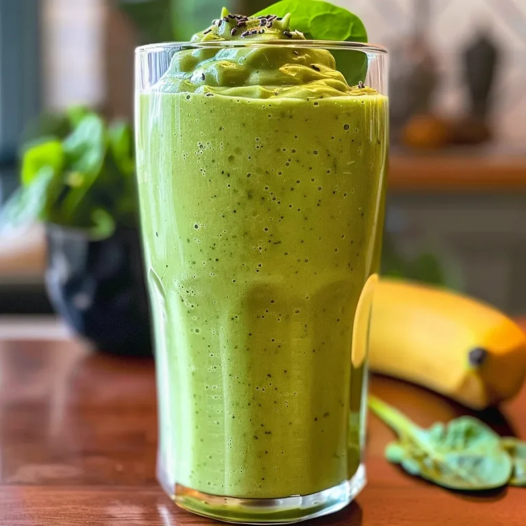 A vibrant avocado smoothie with ingredients visible on the side, presented in a modern glass.