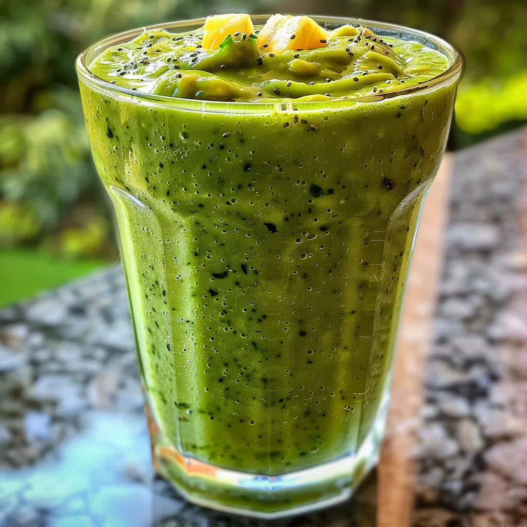 Side view of a thick avocado smoothie in a glass, with chunks of avocado visible atop the creamy blend.