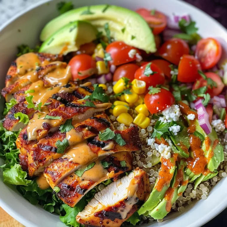 A vibrant bowl featuring BBQ chicken, quinoa, and avocado.