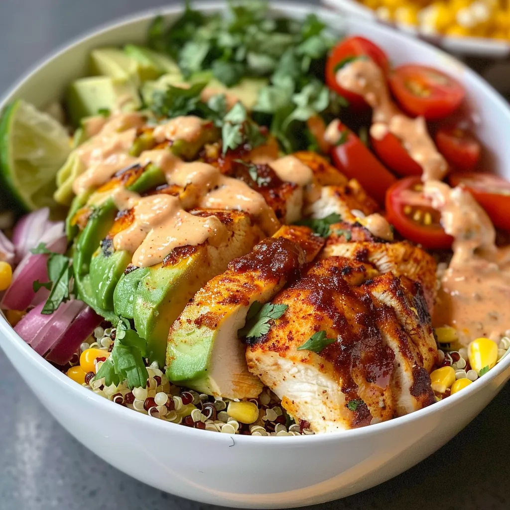 Detailed look at a quinoa bowl topped with cherry tomatoes and ranch dressing.