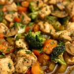 A hearty Chicken and Vegetable Casserole filled with bright vegetables and tender chicken pieces.