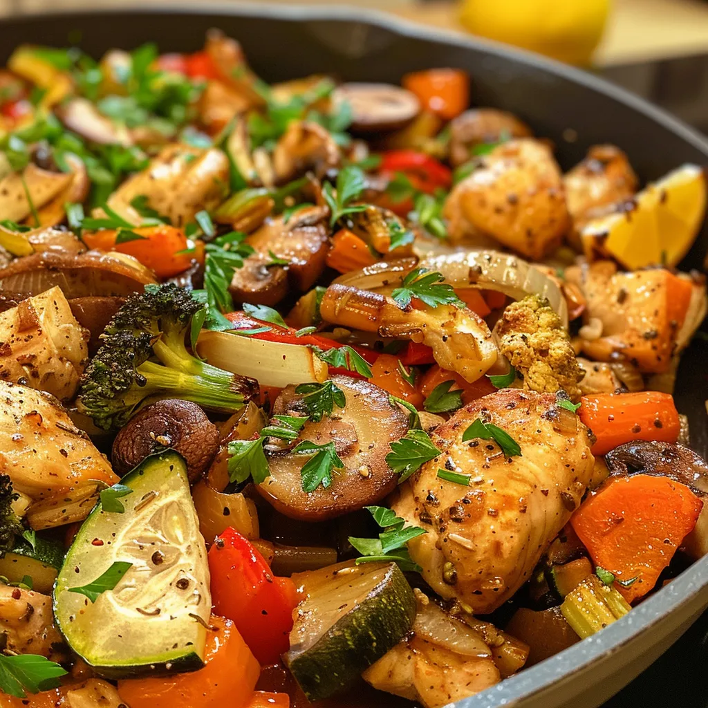 Close-up image of Chicken and Vegetable Casserole, highlighting the golden-brown top and fresh herbs.