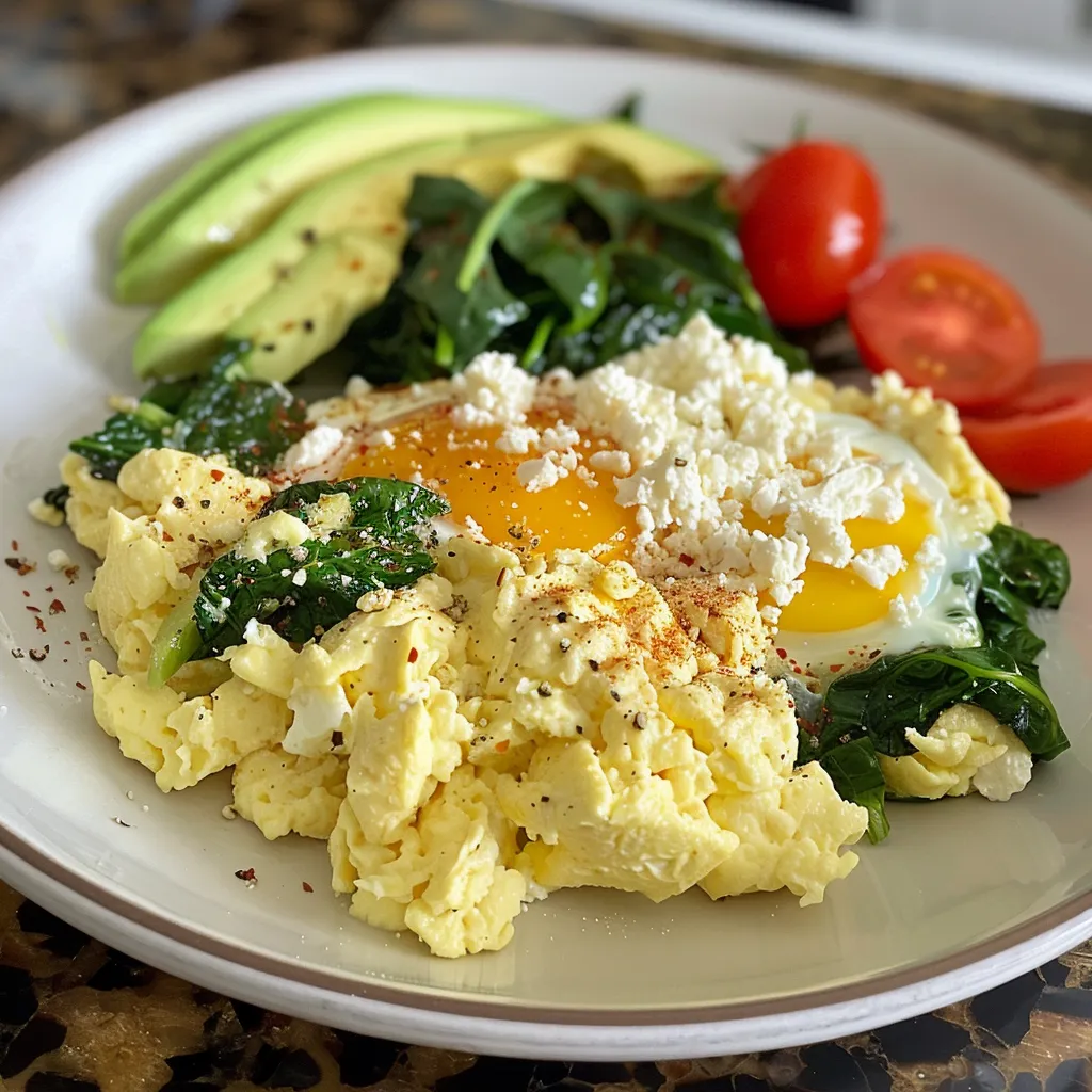 Creamy egg scramble with cottage cheese and herbs, shown in detail.
