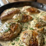 A skillet filled with creamy chicken and herbs, showcasing a delectable meal.