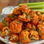 Crunchy air fryer buffalo cauliflower bites garnished and ready to eat.