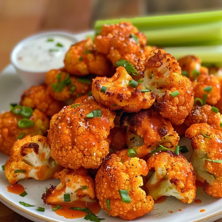 Crunchy air fryer buffalo cauliflower bites garnished and ready to eat.