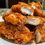 A side view of perfectly fried chicken tenders, glistening with oil.