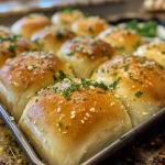 A side profile of freshly baked dinner rolls, glistening with melted garlic butter.