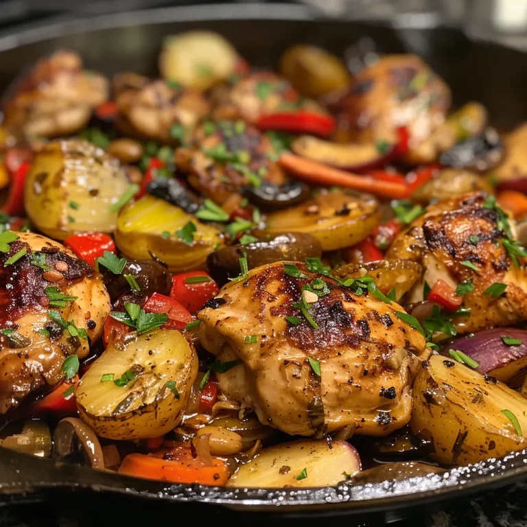 Detail shot of a chicken and veggie mix in a skillet, highlighting the textures and colors of the dish.