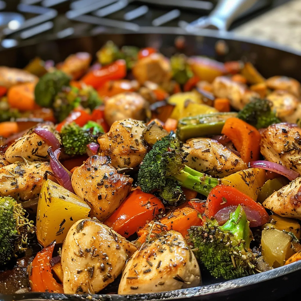 Juicy chicken and fresh vegetables in a skillet, captured in rich detail and natural lighting.