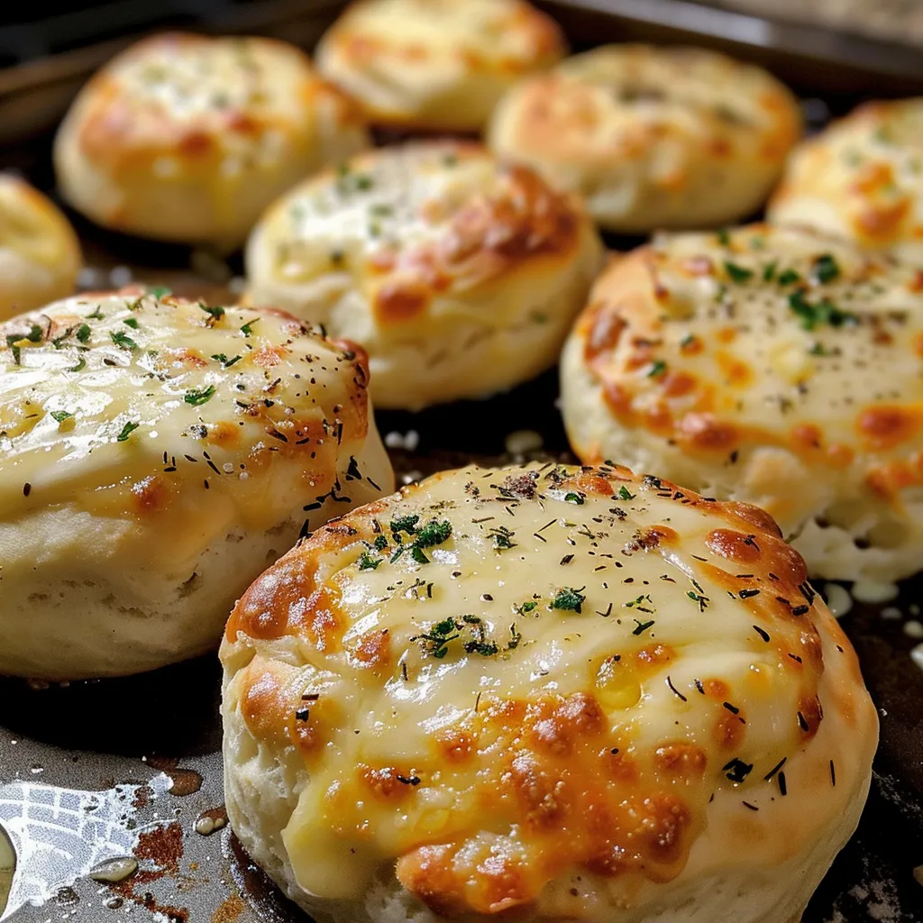 Flaky biscuit dough balls filled with gooey mozzarella cheese and herbs, ready to be served.