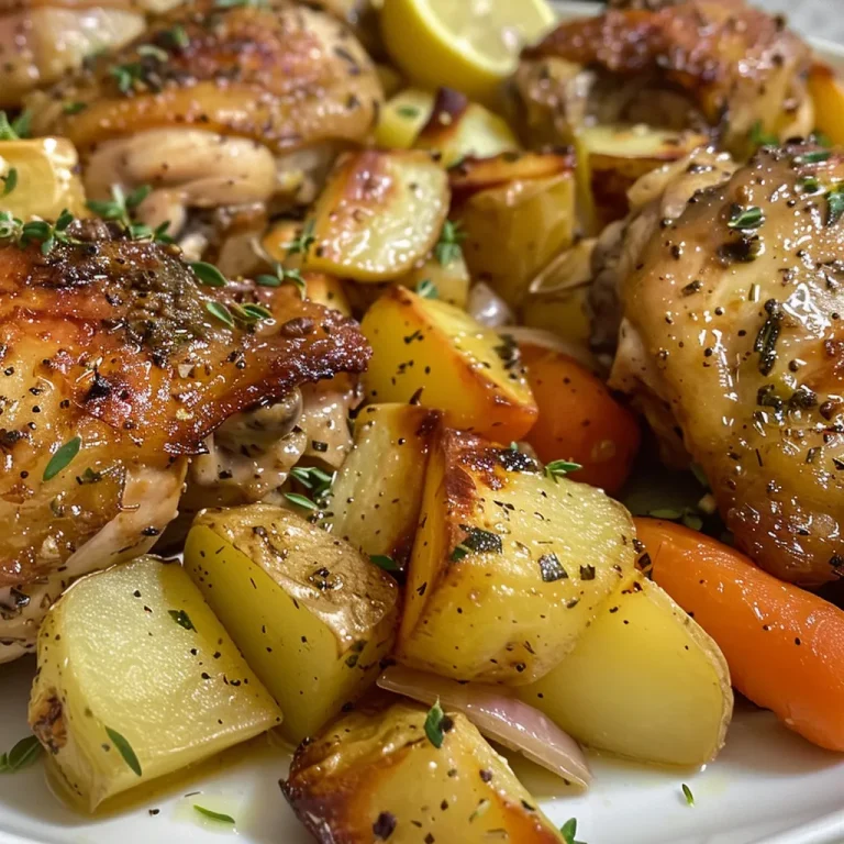 Detailed shot of a roasted chicken dish featuring vibrant vegetables and herbs.