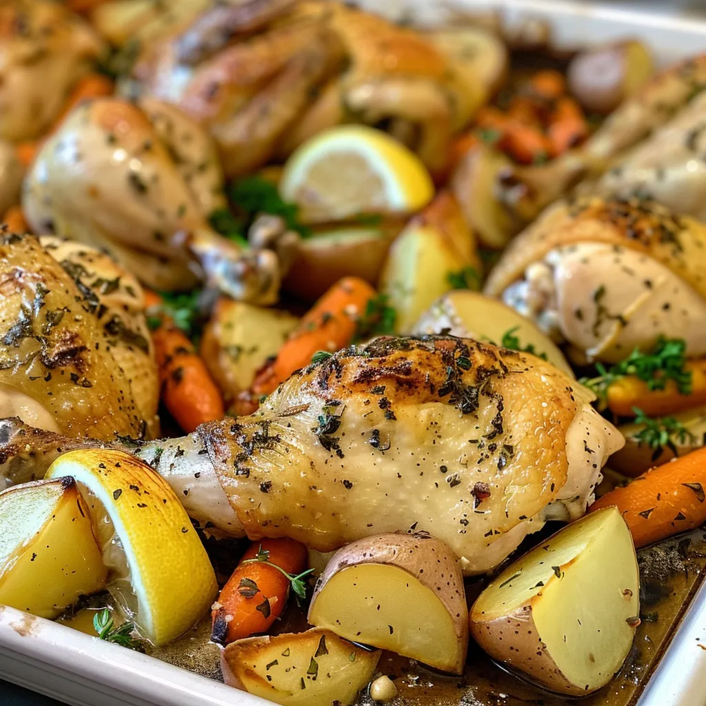 Colorful presentation of Garlic Herb Roasted Chicken with chunks of potatoes and carrots.