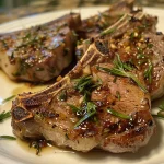 Succulent lamb chops with a golden crust, accented with sprigs of rosemary.