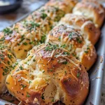 Juicy Garlic Parmesan Pull-Apart Rolls with a crispy exterior and melting butter on top.
