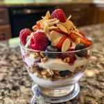 Juicy Greek yogurt parfait with colorful berries and almond slices, captured in high detail.