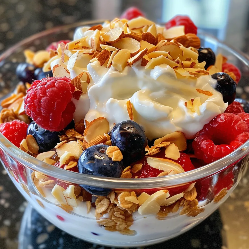 Detailed image of a Greek yogurt parfait showcasing a variety of berries and crunchy almond toppings.