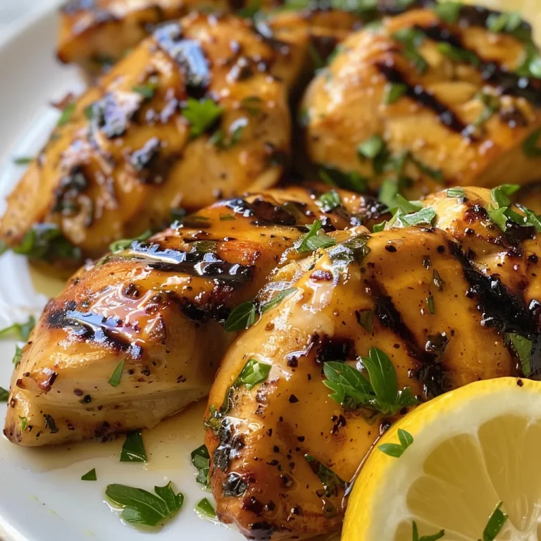 Side view of marinated grilled chicken, glistening with marinade.