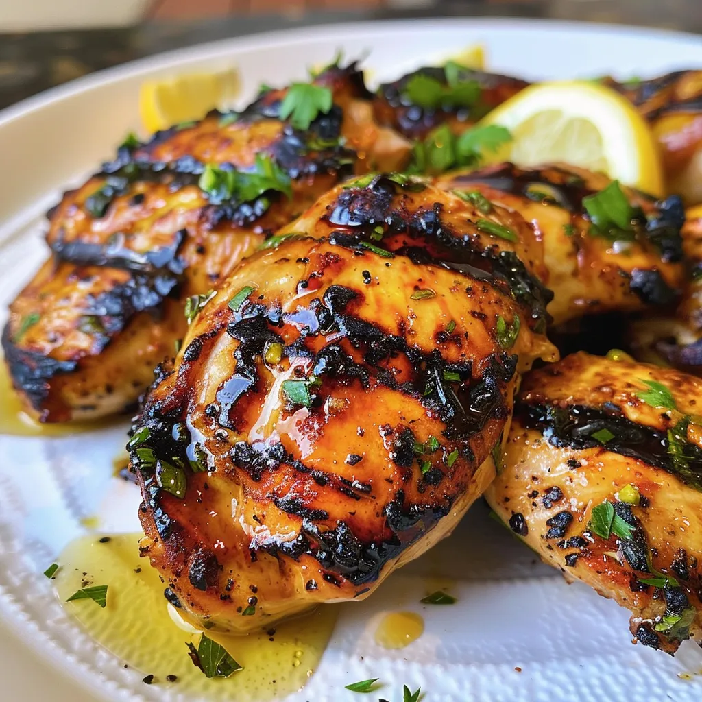 Freshly grilled chicken with a vibrant herb garnish.