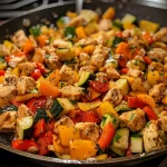 Vibrant chicken and sliced veggies cooked together in a skillet.