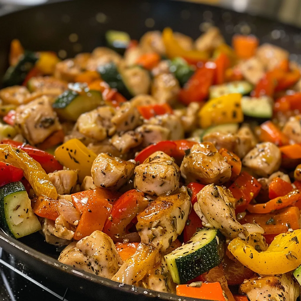 Side view of a sizzling chicken and mixed vegetables ready to serve.