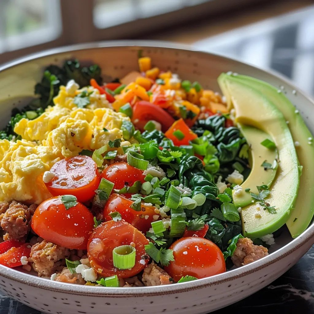 A delicious breakfast bowl with diced bell peppers, red onions, and a perfectly sliced avocado.