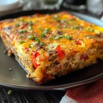 Juicy egg casserole featuring hash browns and melted cheese, captured in vivid detail.