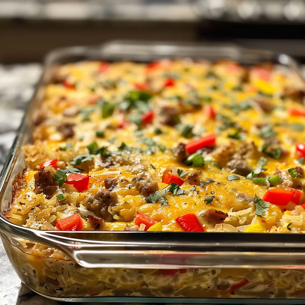 Delicious high protein casserole with vibrant bell peppers and a creamy texture.