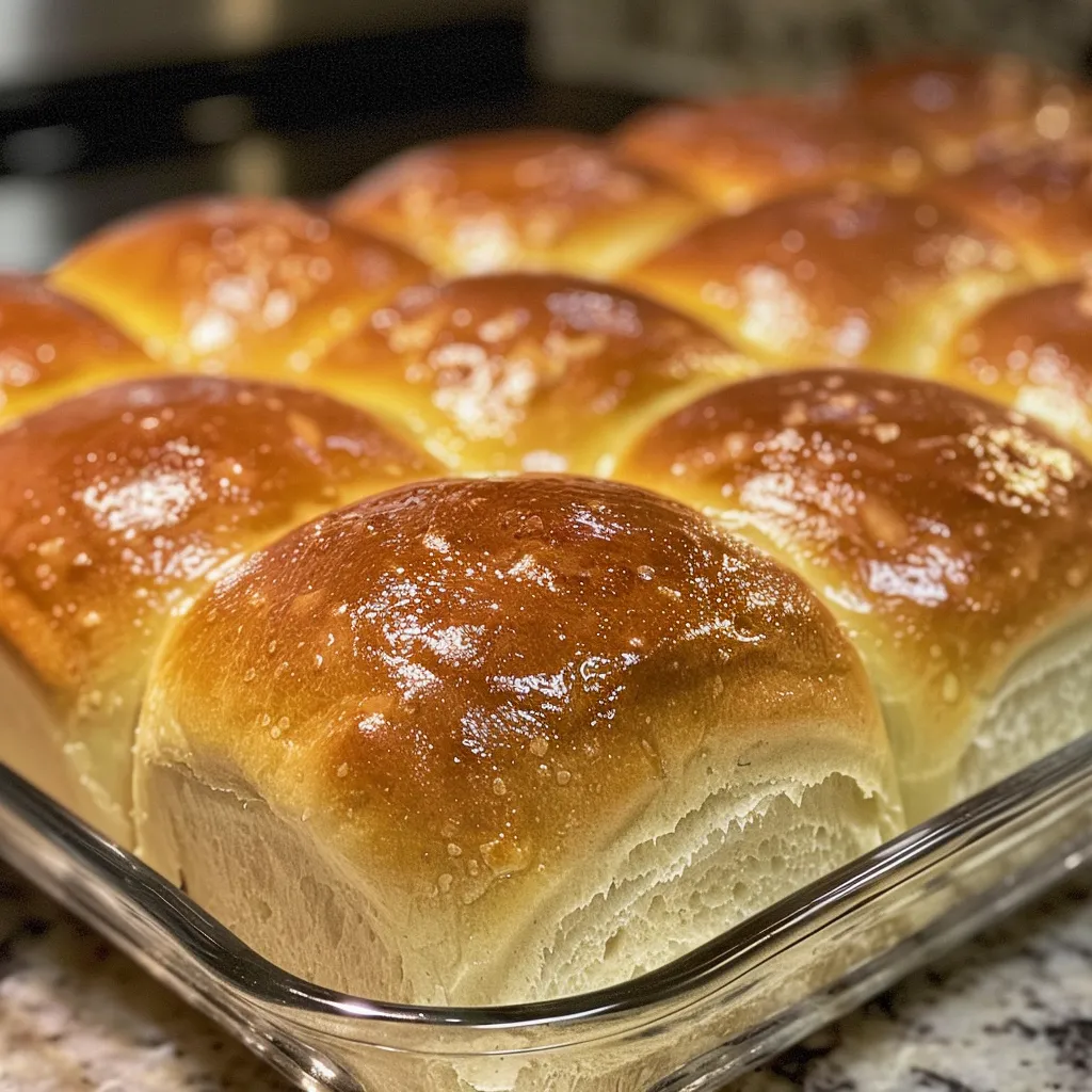 Delicious homemade dinner rolls glistening with melted butter on top, captured in a close-up shot.