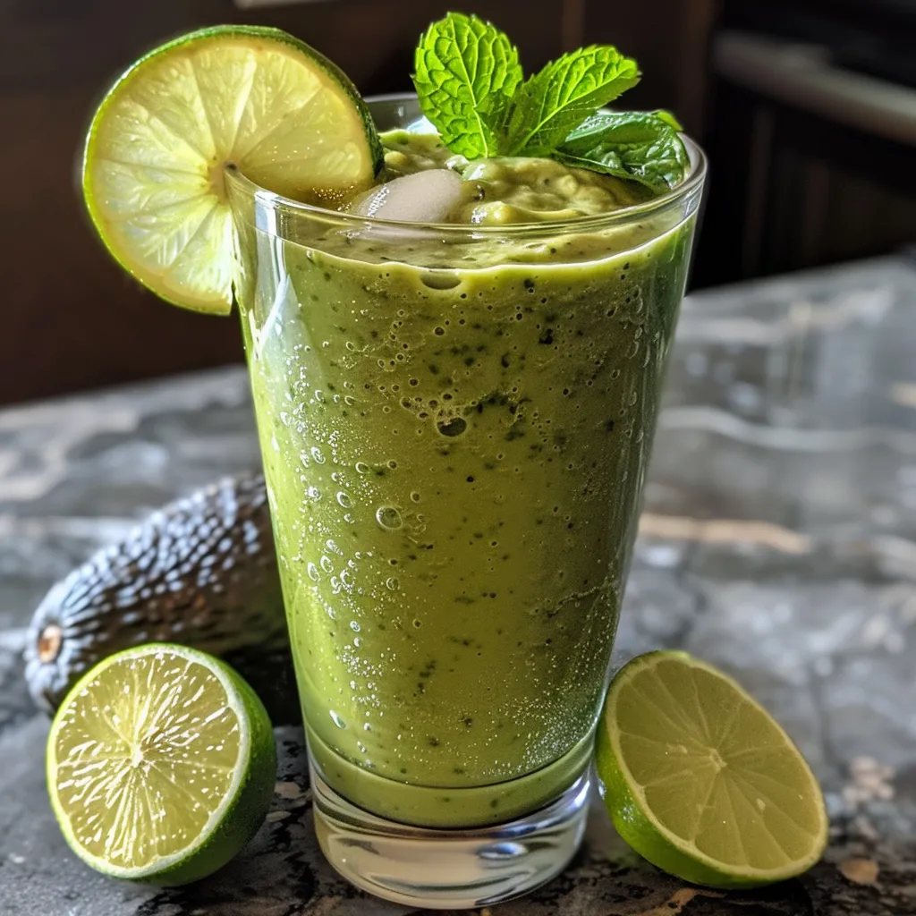 Refreshing avocado smoothie with a hint of lime, served in a glass with ice, accented by fresh mint sprigs.
