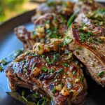 Succulent lamb chops with a golden crust, showcasing garlic and rosemary.