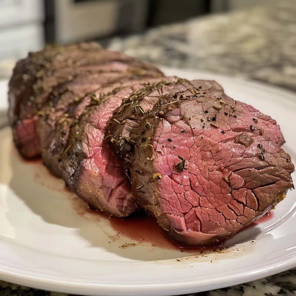 Detailed shot of medium-rare roast beef featuring herbs and seasoning.