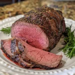 Tender roast beef sliced, revealing its succulent interior.