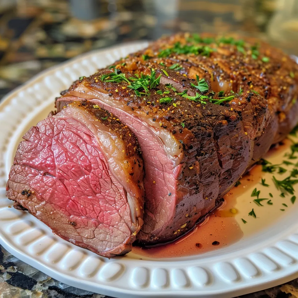 A golden-brown roast beef with seasoning, ready to serve.