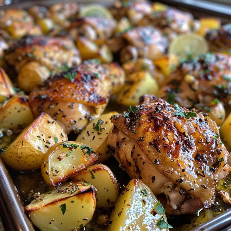 Succulent chicken thighs seasoned with garlic and herbs, paired with freshly roasted potato cubes.