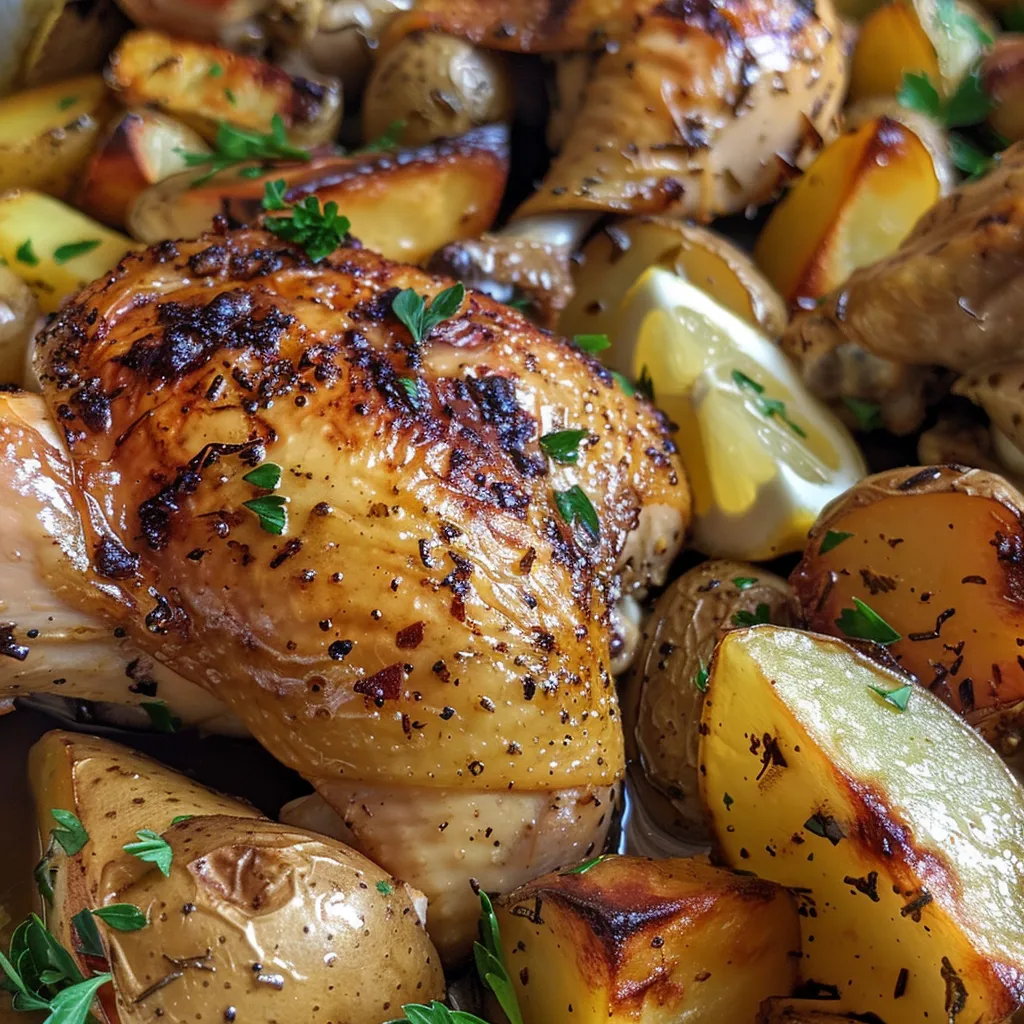 Plate of roasted chicken thighs garnished with rosemary and lemon, accompanied by crispy potato pieces.