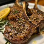 A plate featuring bone-in lamb chops with visible marinade and herb details.