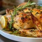 Side view of a savory garlic and herb roasted chicken, highlighting its juicy texture and garnishes.