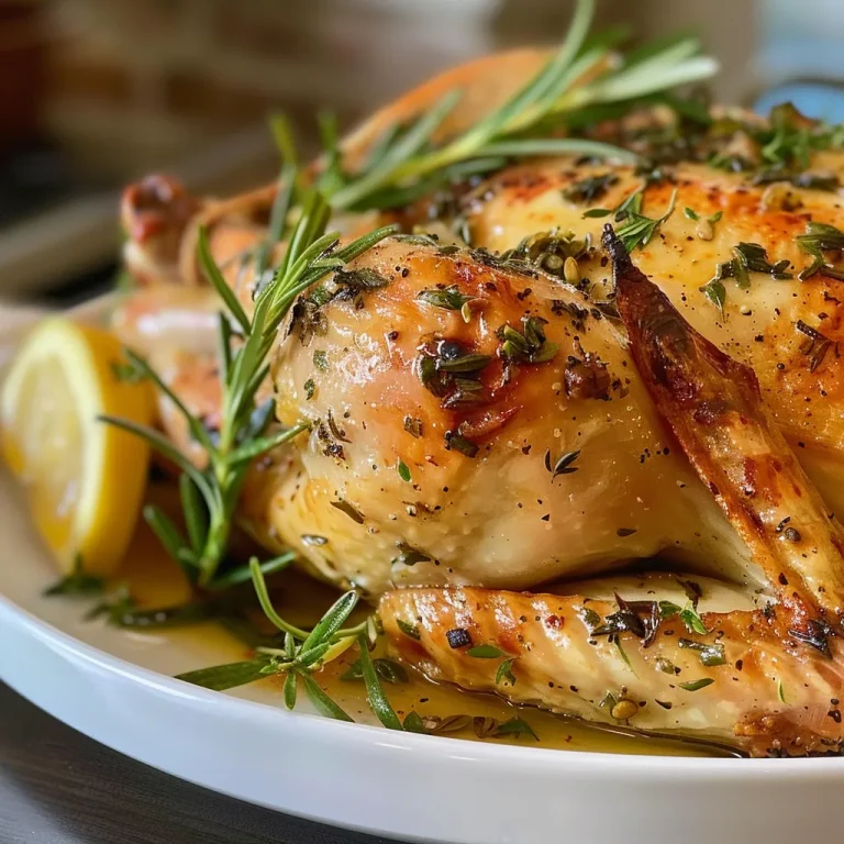 Side view of a savory garlic and herb roasted chicken, highlighting its juicy texture and garnishes.
